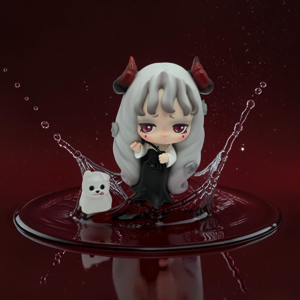 Momof2boyz Shop 52TOYS Lilith Nocturnal Shroud collectible figure with white hair, red horns, and a small ghost companion.