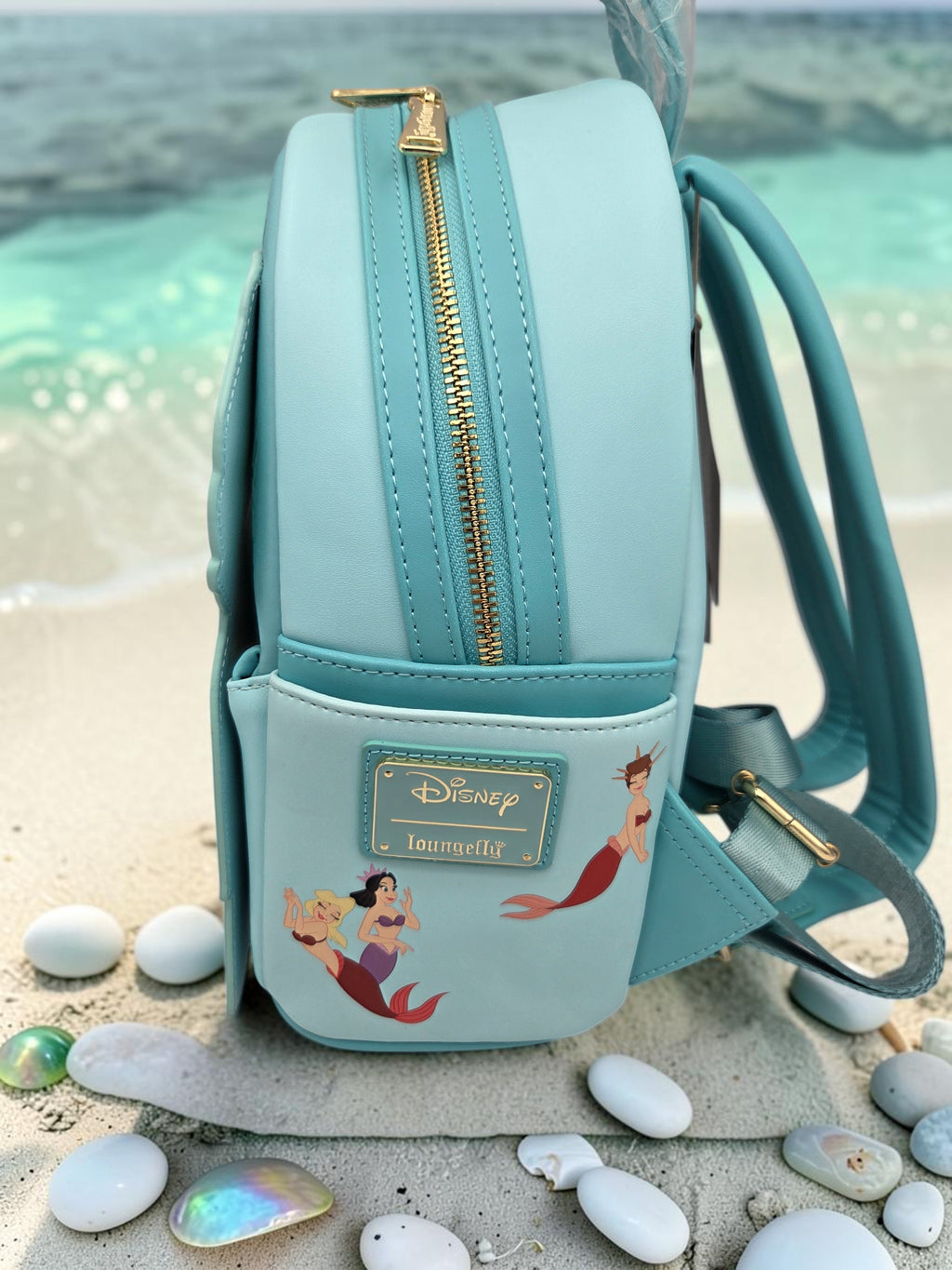 Momof2boyz Shop Disney Loungefly Little Mermaid mini backpack in light blue vegan leather with side character art