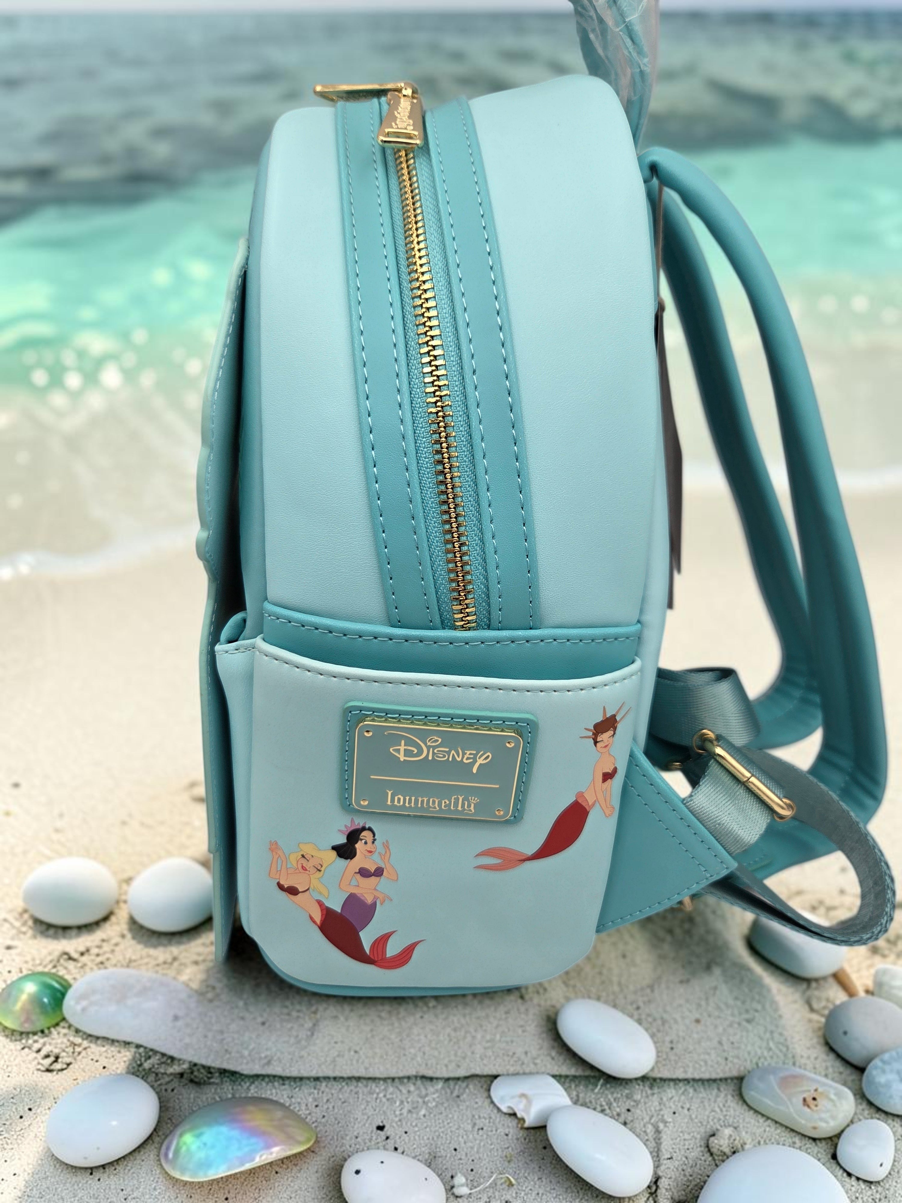 Momof2boyz Shop Disney Loungefly Little Mermaid mini backpack in light blue vegan leather with side character art