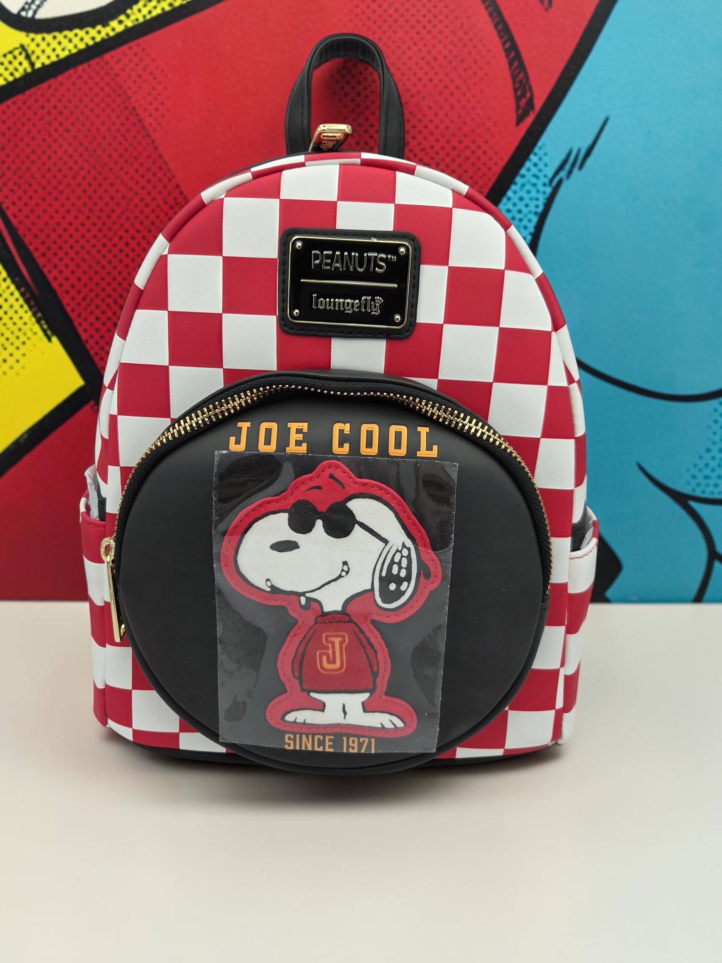 Momof2boyz Shop Loungefly Peanuts Joe Cool mini backpack in red and white checkered vegan leather with Snoopy applique