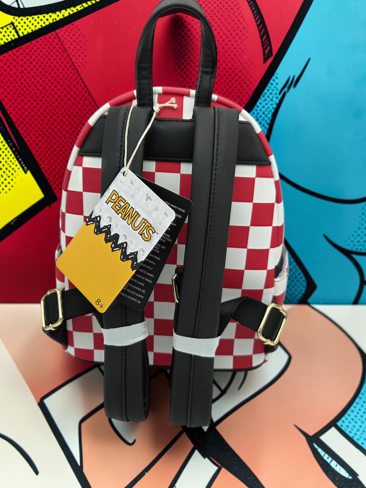 Momof2boyz Shop Loungefly Peanuts Joe Cool mini backpack with red and white checkered pattern and black straps