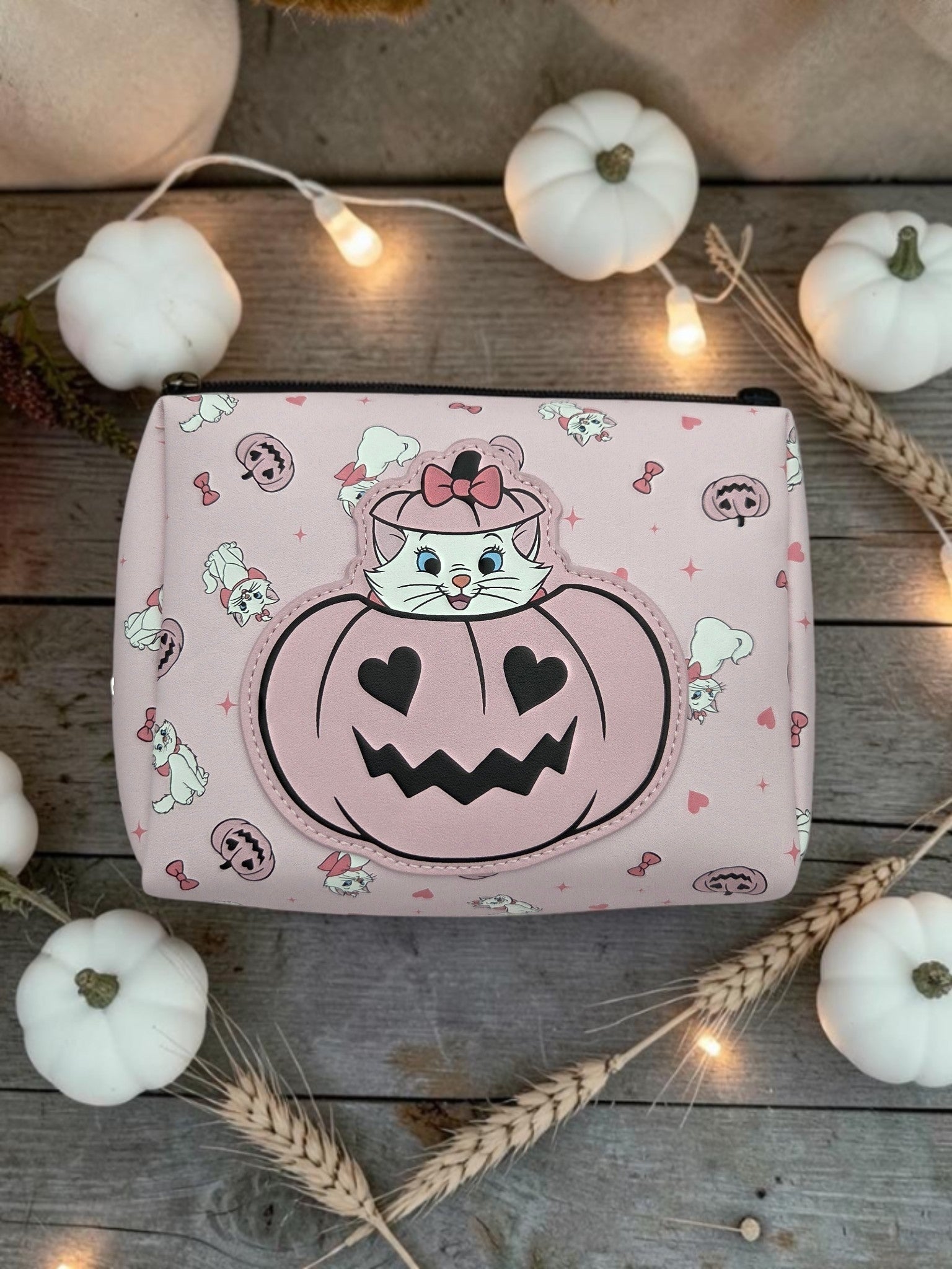 Momof2boyz Shop pastel pink Disney Marie Halloween cosmetic pouch with a 3D pumpkin applique and ghost zipper charm.