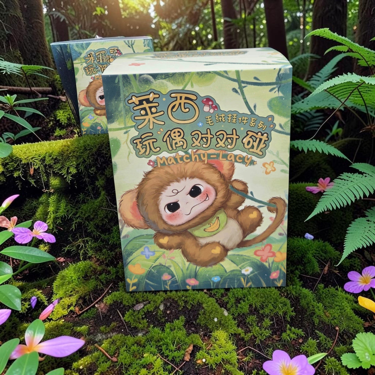 Momof2boyz Shop Matchy-Lacy blind box featuring a cute monkey character illustration on a whimsical jungle background