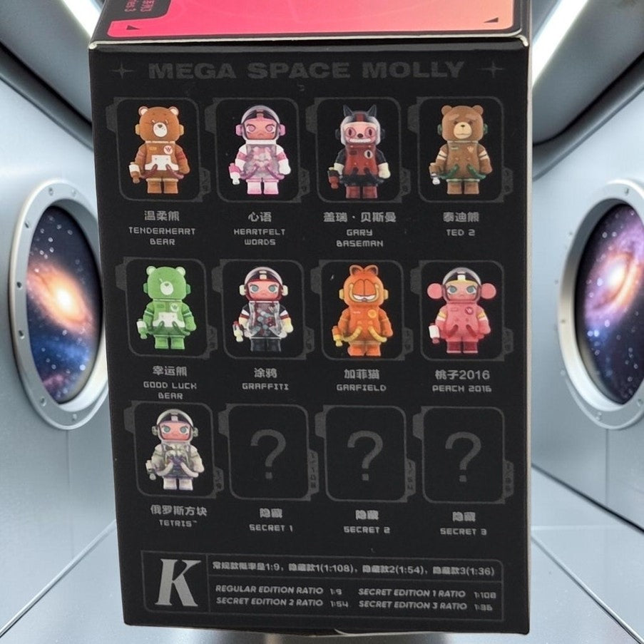 Momof2boyz Shop POP MART Mega Space Molly collectible figure series box showing character variants and rarity ratios