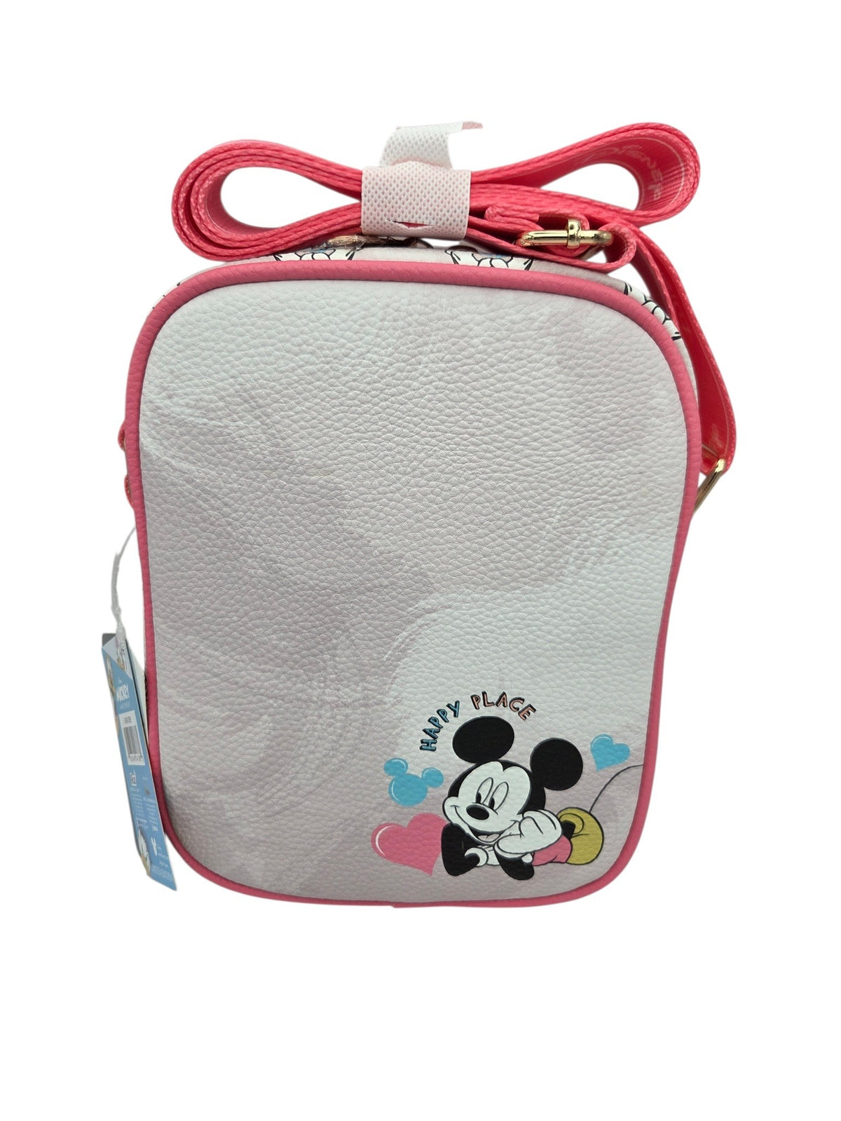 Momof2boyz Shop Minnie Mouse WondaPop faux leather crossbody bag in white and pink with Mickey Happy Place graphic