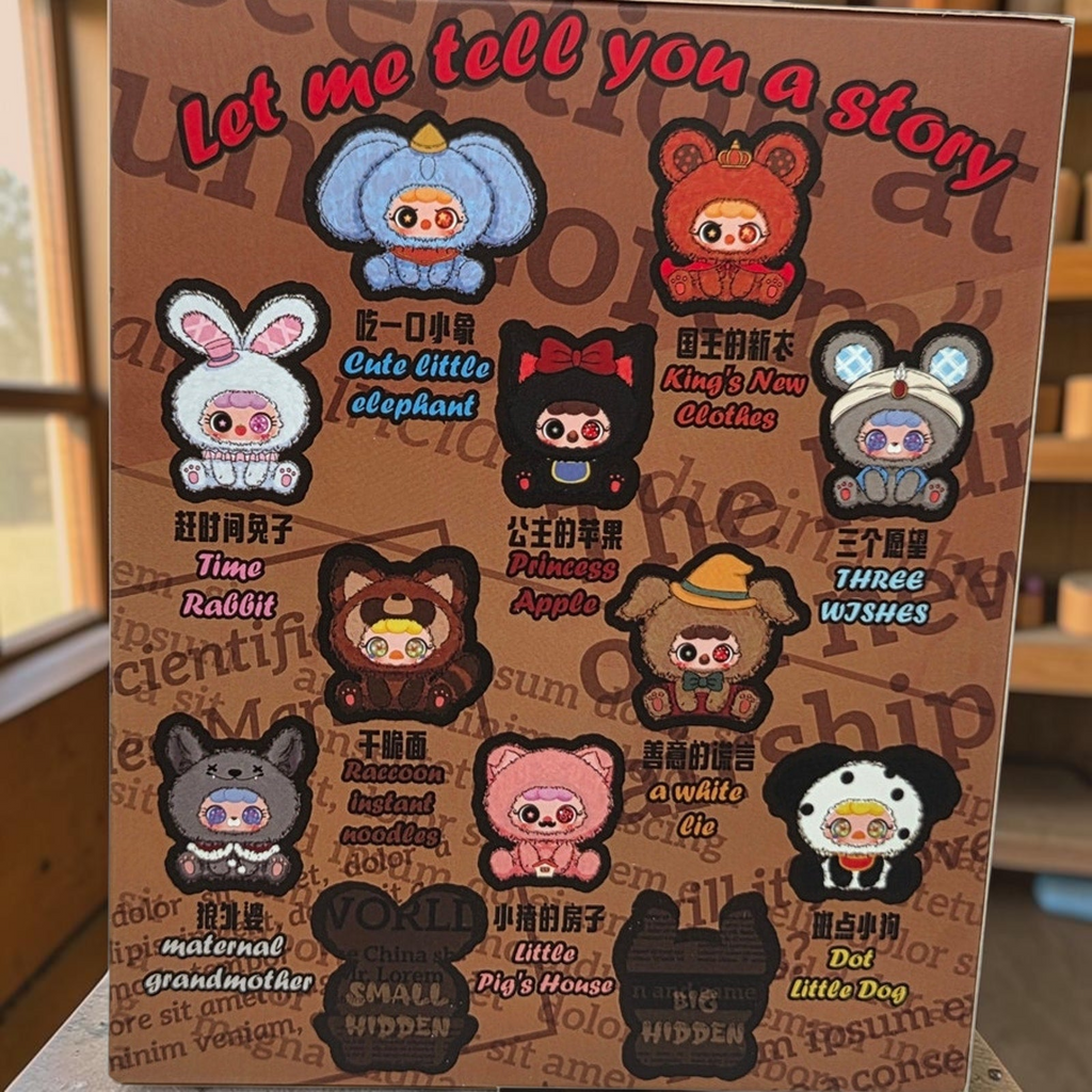 Momof2boyz Shop Migo Fairy Tales blind box series collection guide showing the A White Lie character plush design