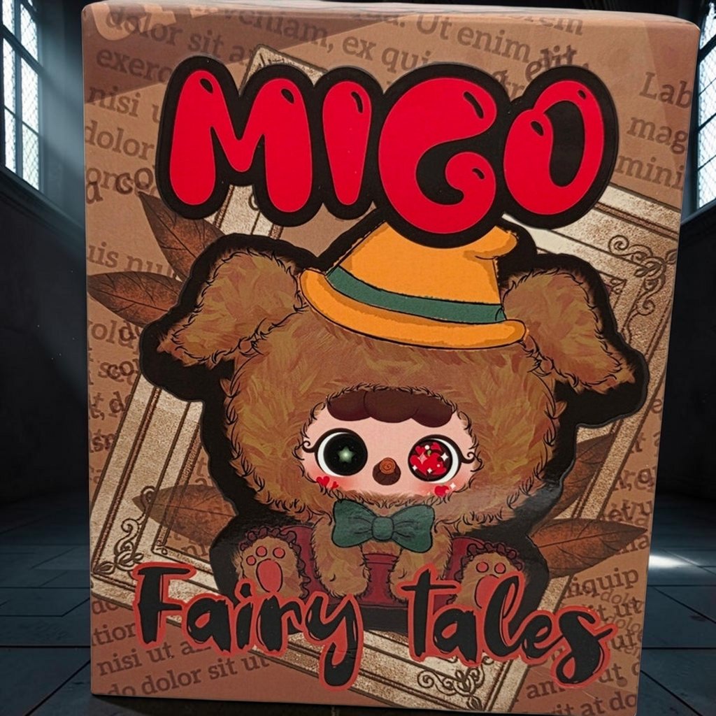 Momof2boyz Shop Migo Fairy Tales King's New Clothes plush box featuring a cute brown furry character with a yellow hat