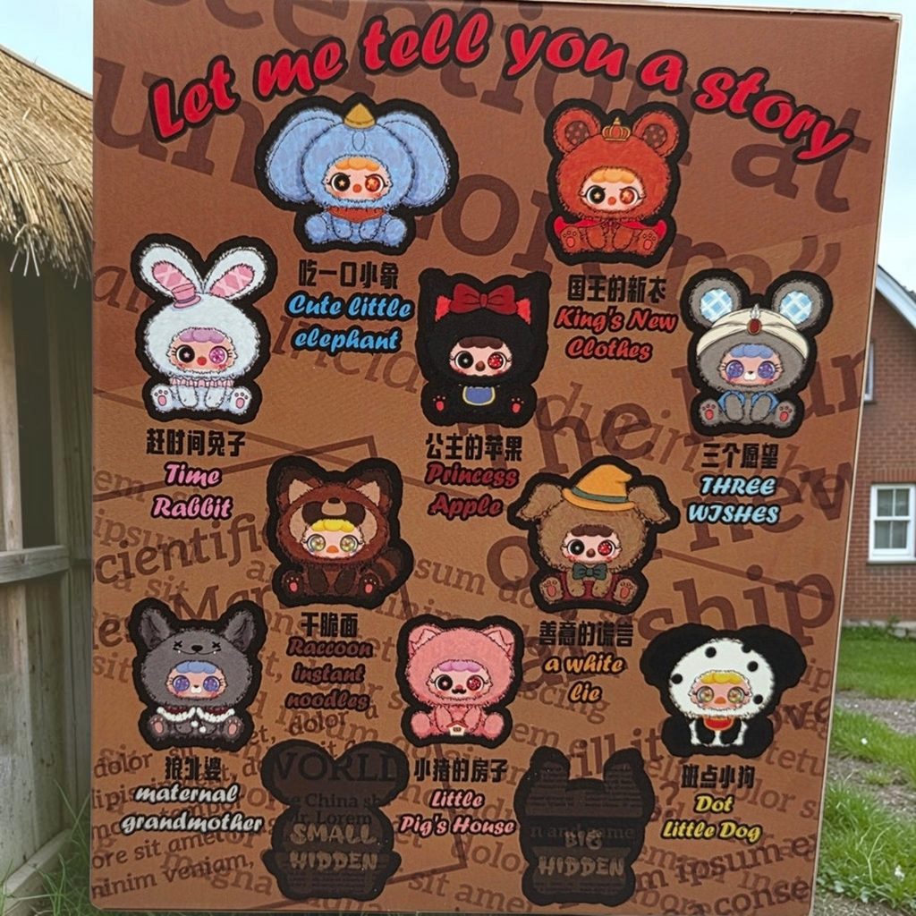 Momof2boyz Shop Migo Fairy Tales blind box series collection display board featuring various plush character designs