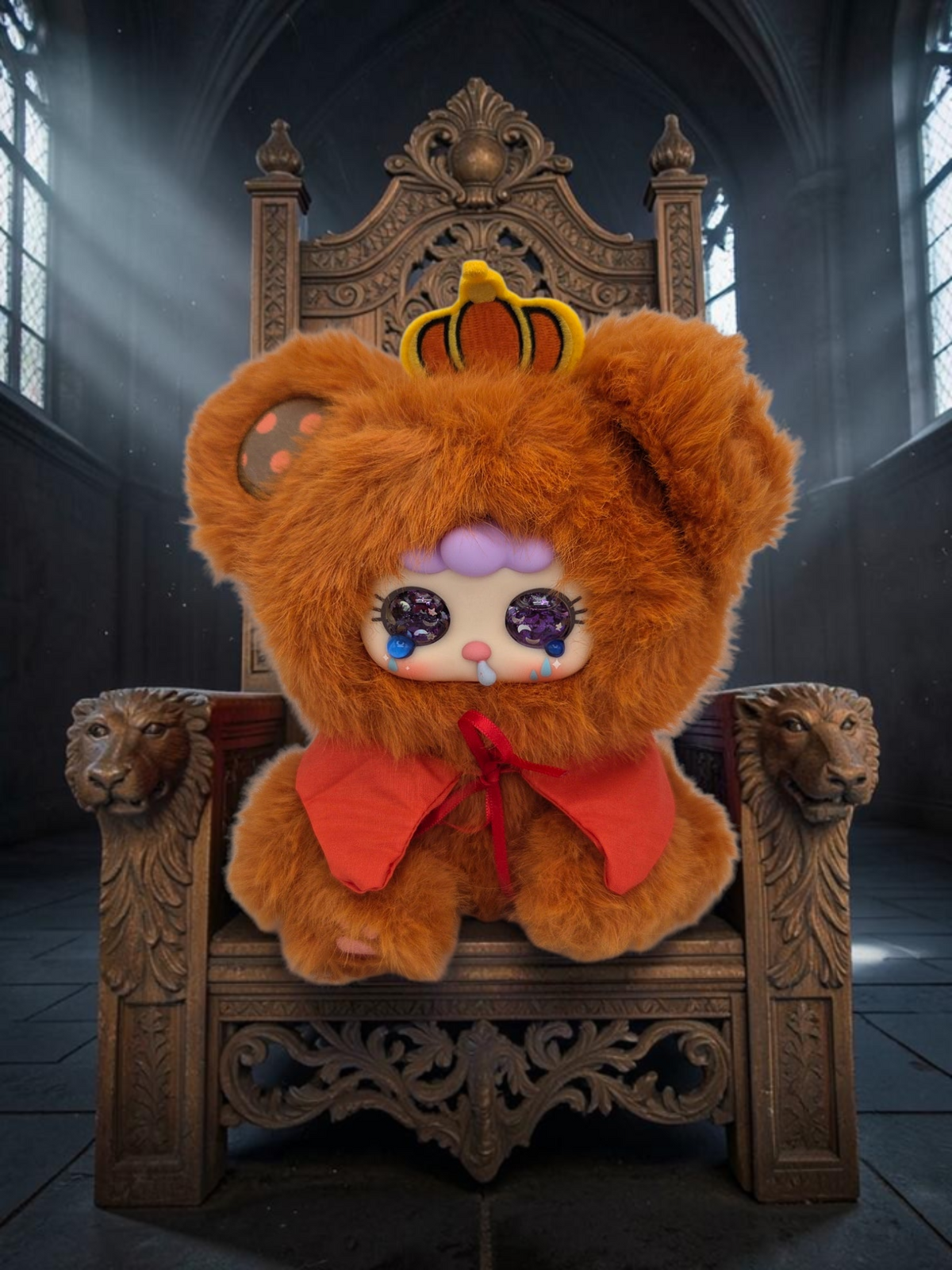 Momof2boyz Shop Migo Fairy Tales King's New Clothes plush toy with brown fur, crown, and red cape sitting on a throne.