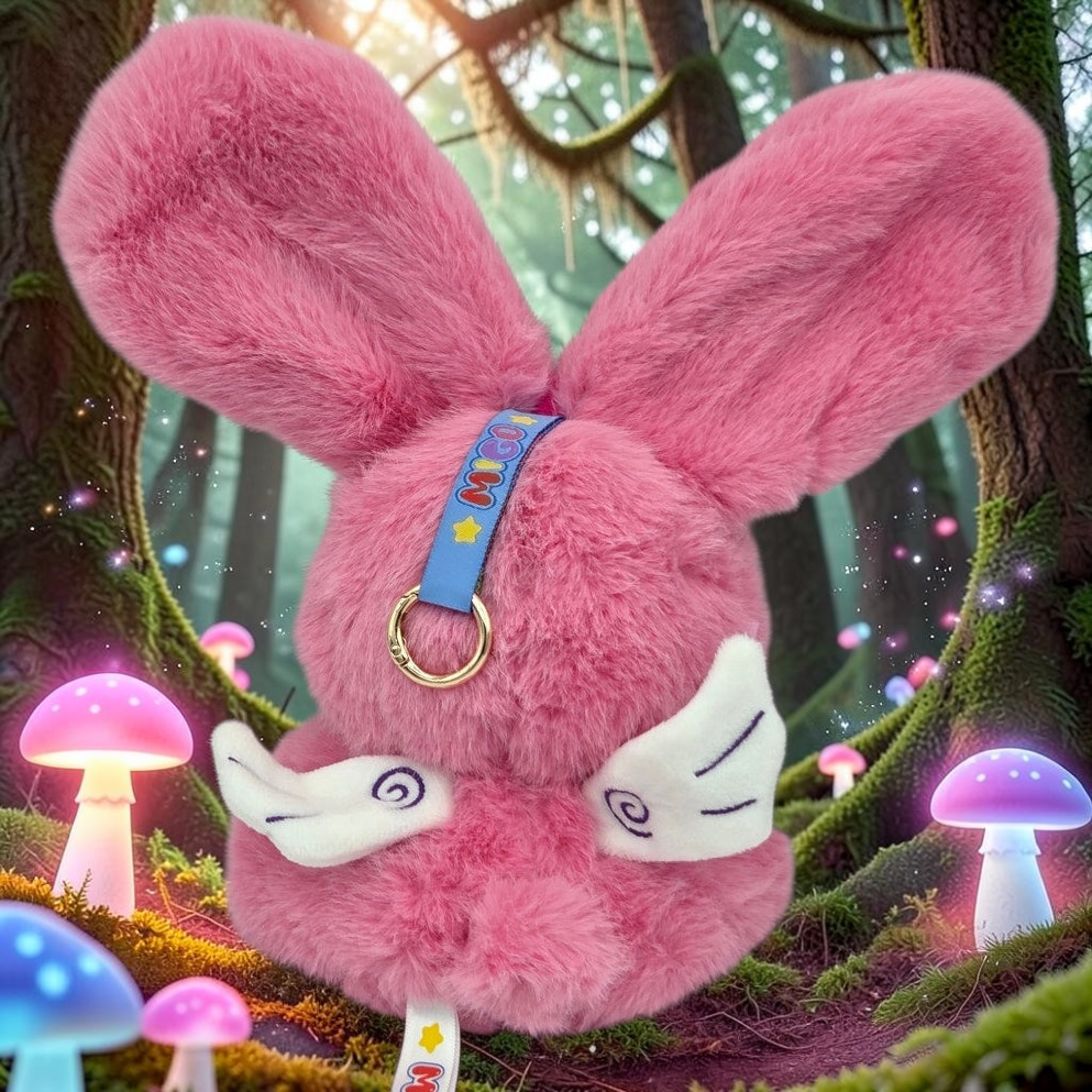 Momof2boyz Shop Migo Fairy Tales Paula rabbit plush with pink fur, white wings, and a blue keychain ring.