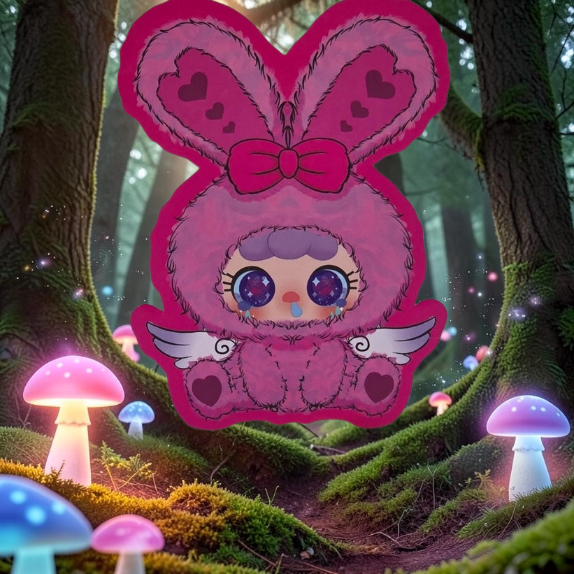 Momof2boyz Shop Migo Fairy Tales Paula rabbit plush with pink fur, heart details, and wings in a magical forest.