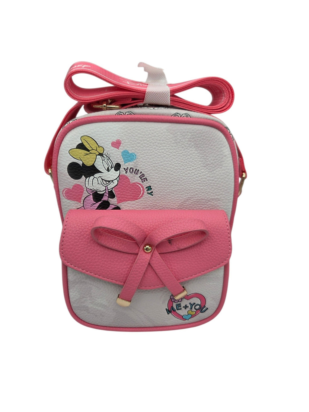 Momof2boyz Shop pink and white faux leather Minnie Mouse crossbody bag with a bow detail and heart charm.