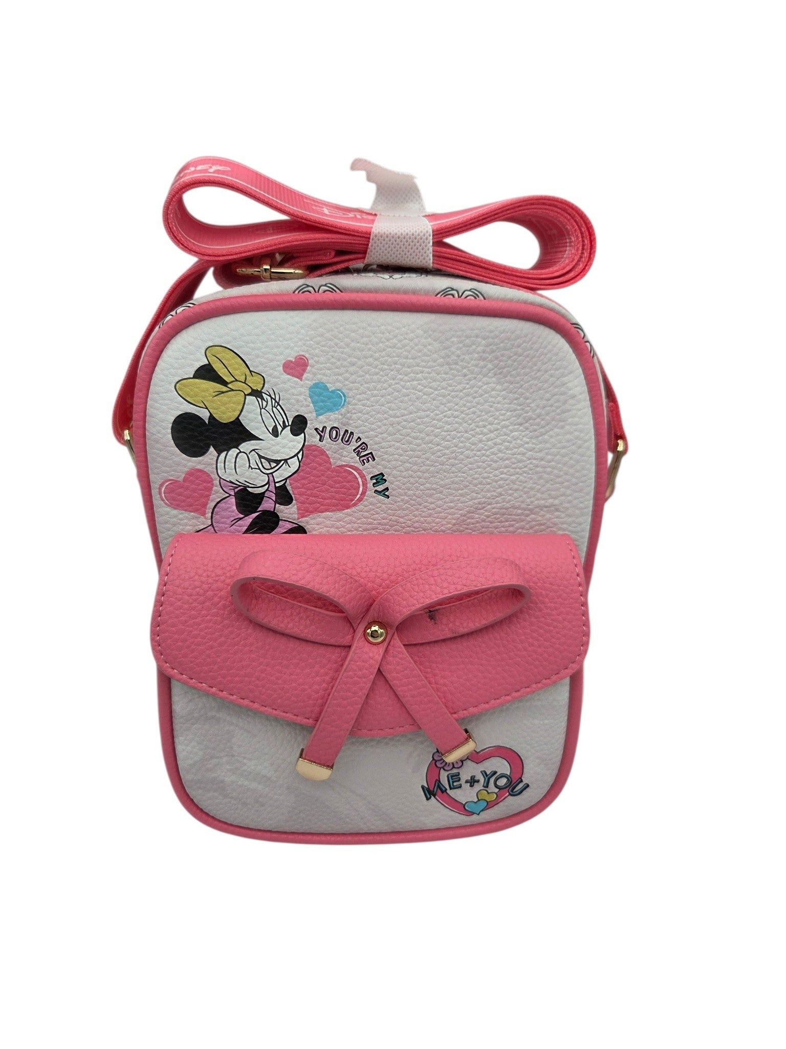 Momof2boyz Shop pink and white faux leather Minnie Mouse crossbody bag with a bow detail and heart charm.