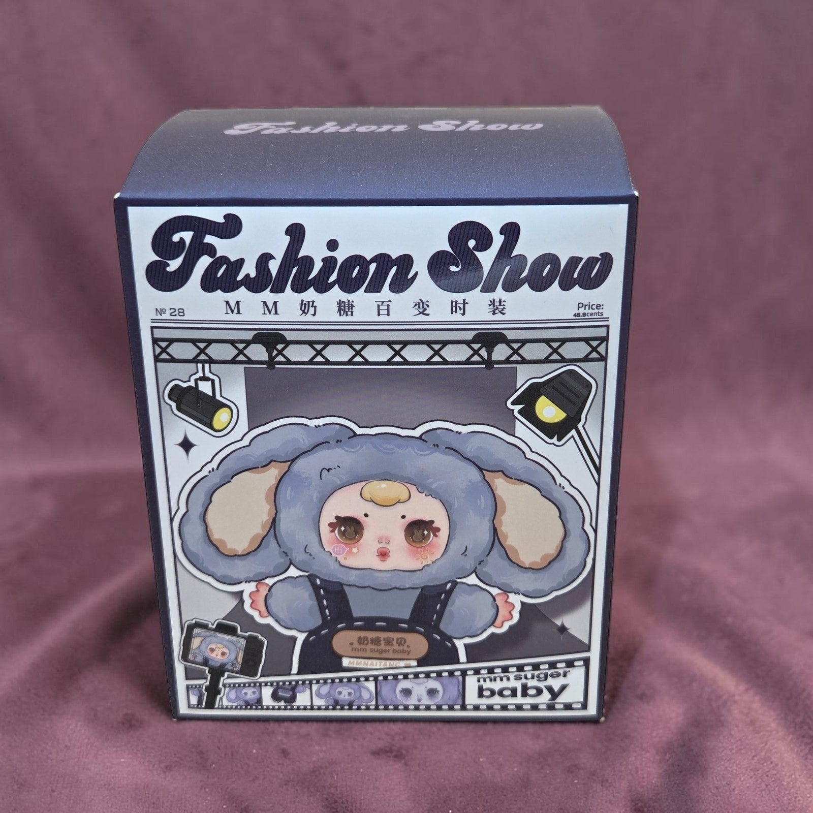 Momof2boyz Shop MM Sugar Baby Fashion Show blindbox featuring a cute character in a grey bunny costume with large ears and overalls.