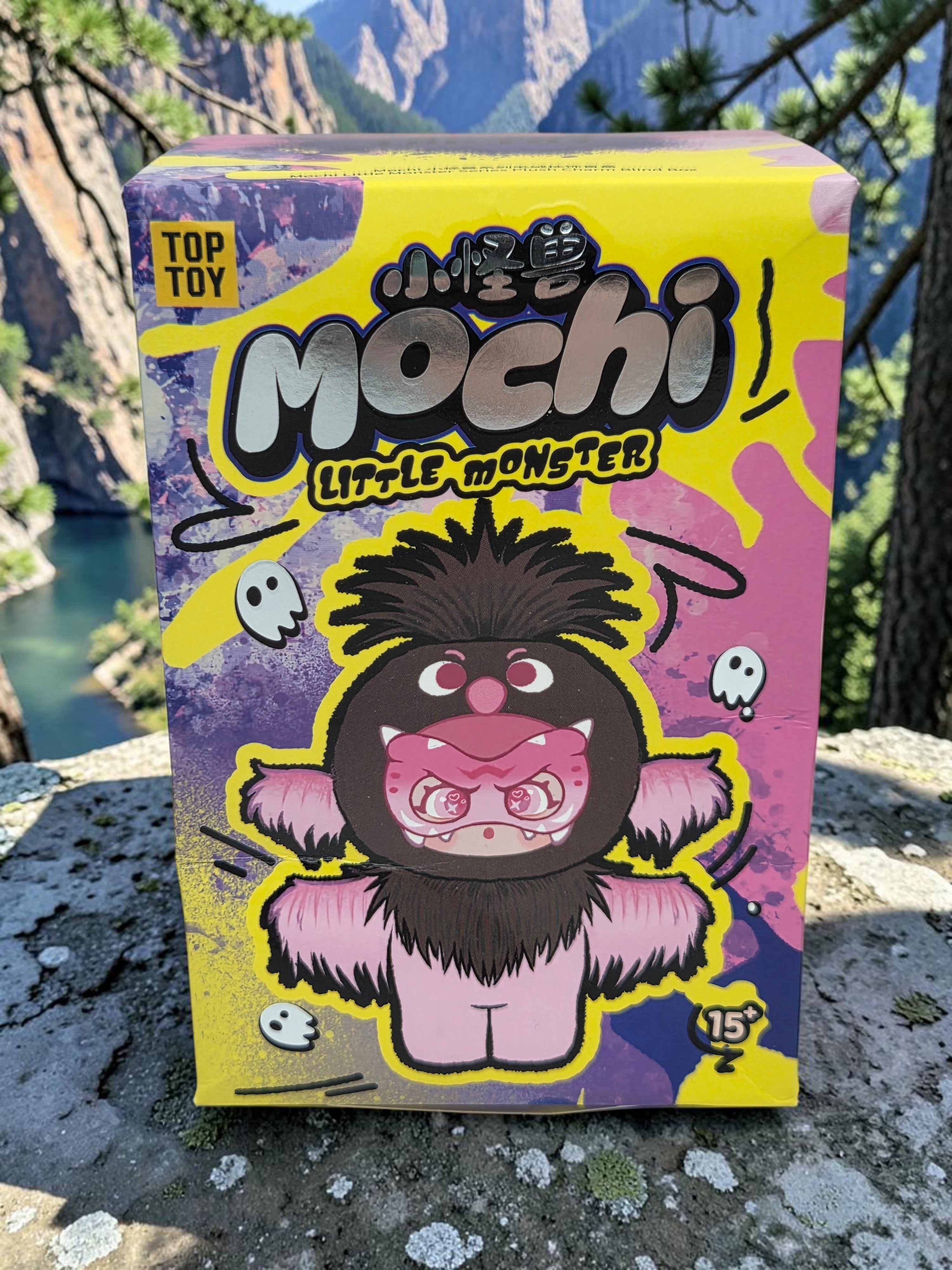 Momof2boyz Shop Mochi Little Monster blind box packaging featuring a pink and brown monster illustration