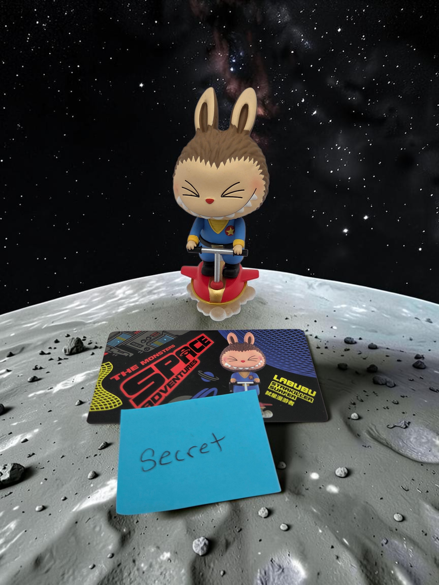 Momof2boyz Shop The Monster's Space Adventure action figure riding a red pogo stick on a lunar surface background.