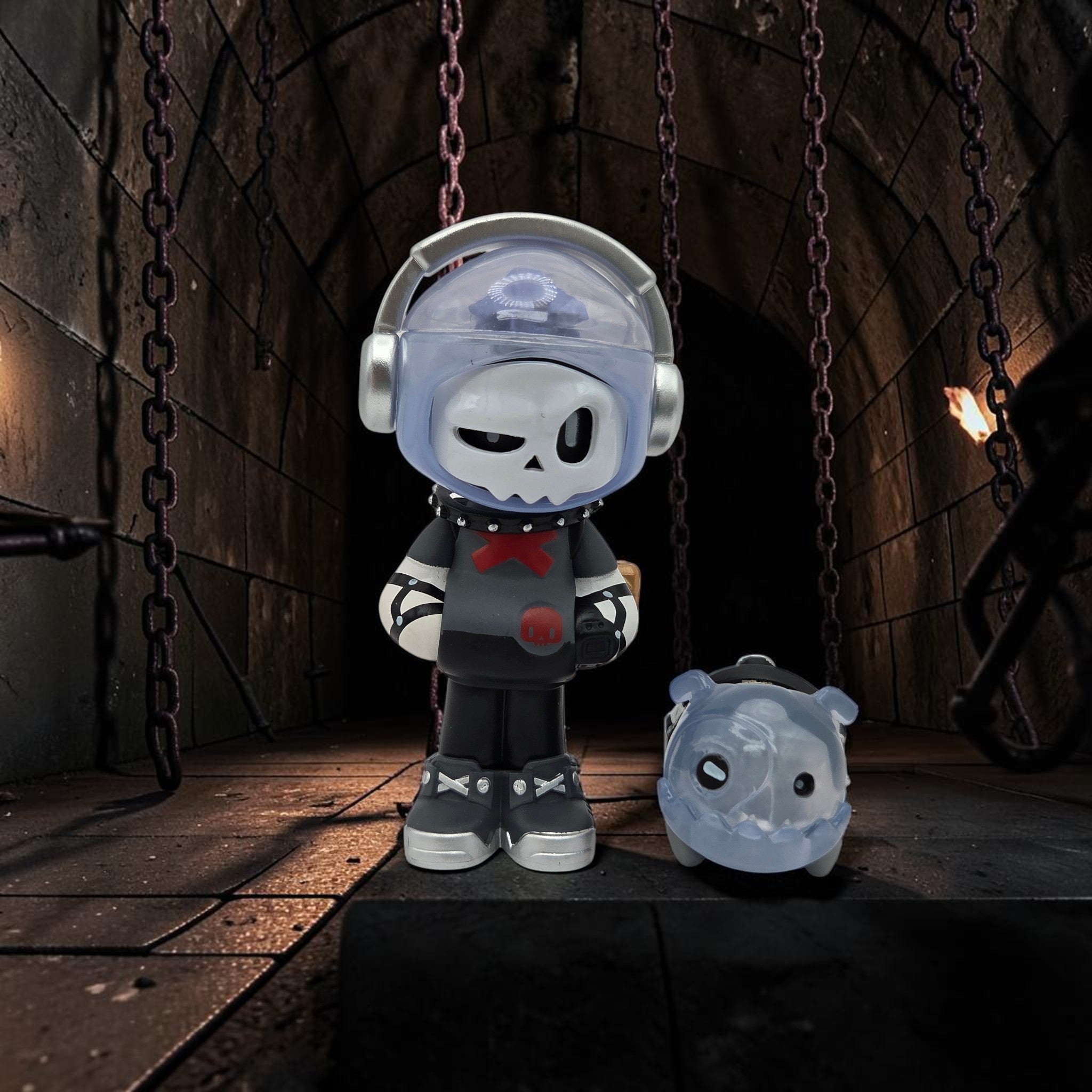 Momof2boyz Shop Mr. Bone designer art toy featuring a skull-headed character with headphones and a matching pet figure
