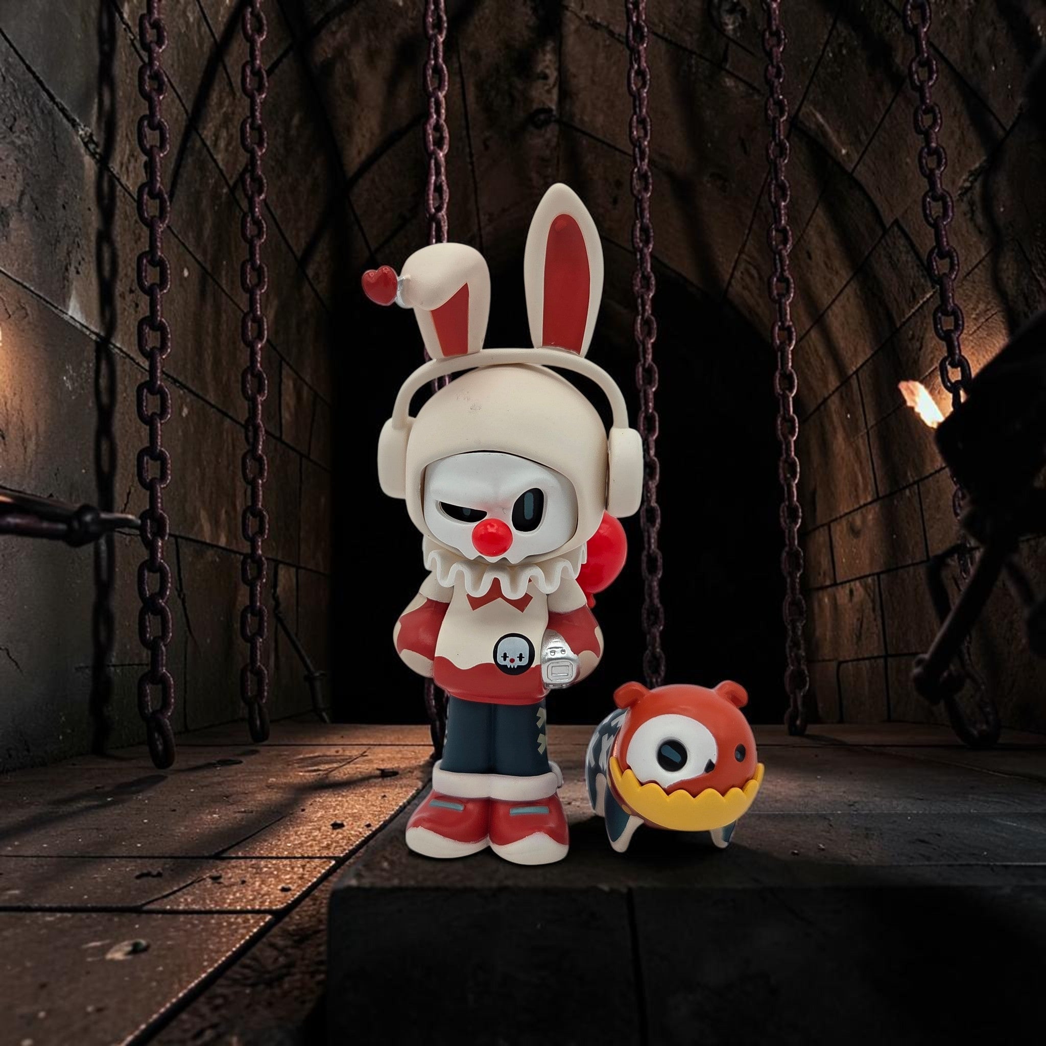 Momof2boyz Shop Wicked Union Mr. Bone collectible bunny figure with headphones and companion pet in a dungeon setting