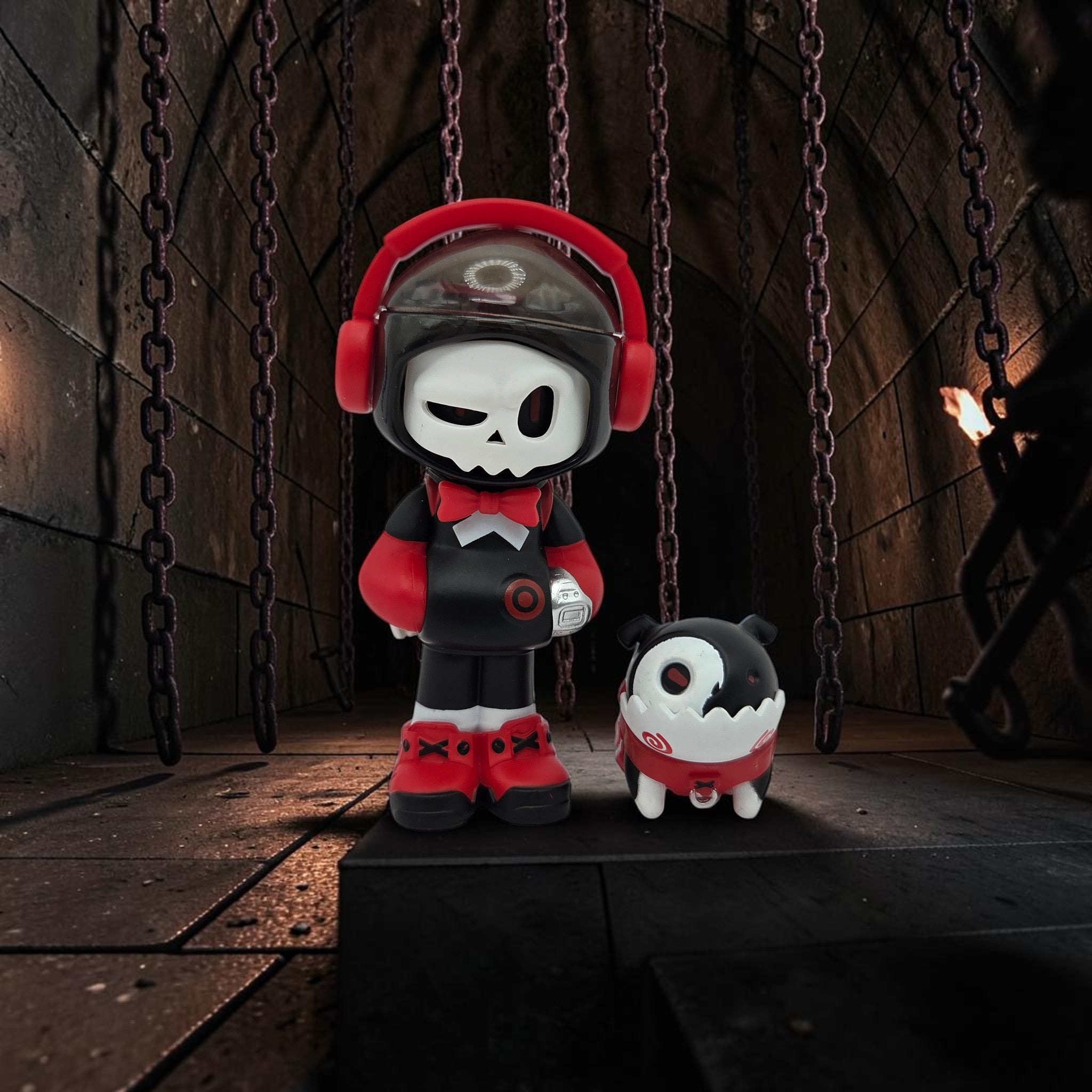 Momof2boyz Shop Wicked Union Mr. Bone collectible figure with matching pet in a dark dungeon setting