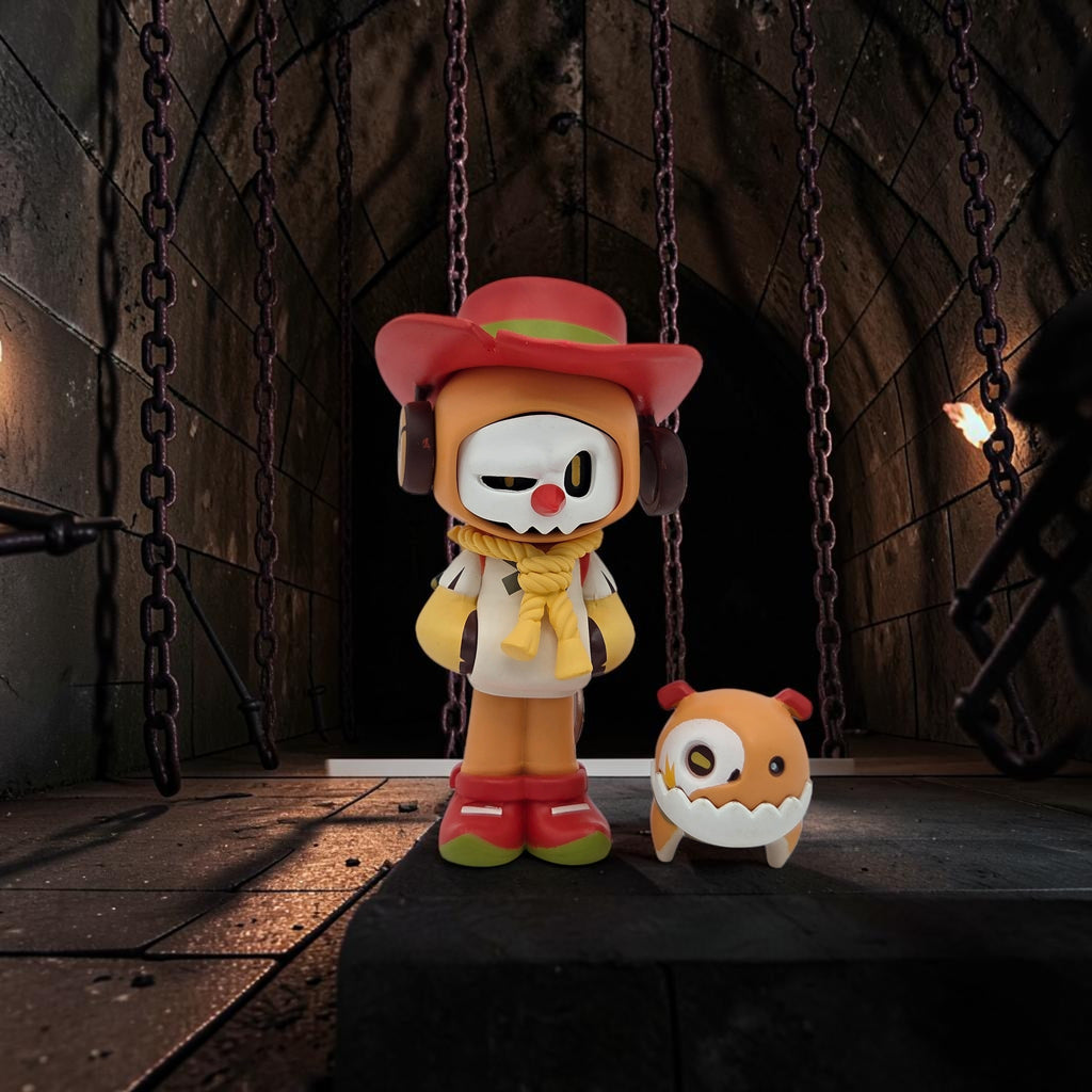 Momof2boyz Shop Mr. Bone collectible figure in a red hat and yellow scarf with a matching companion pet toy