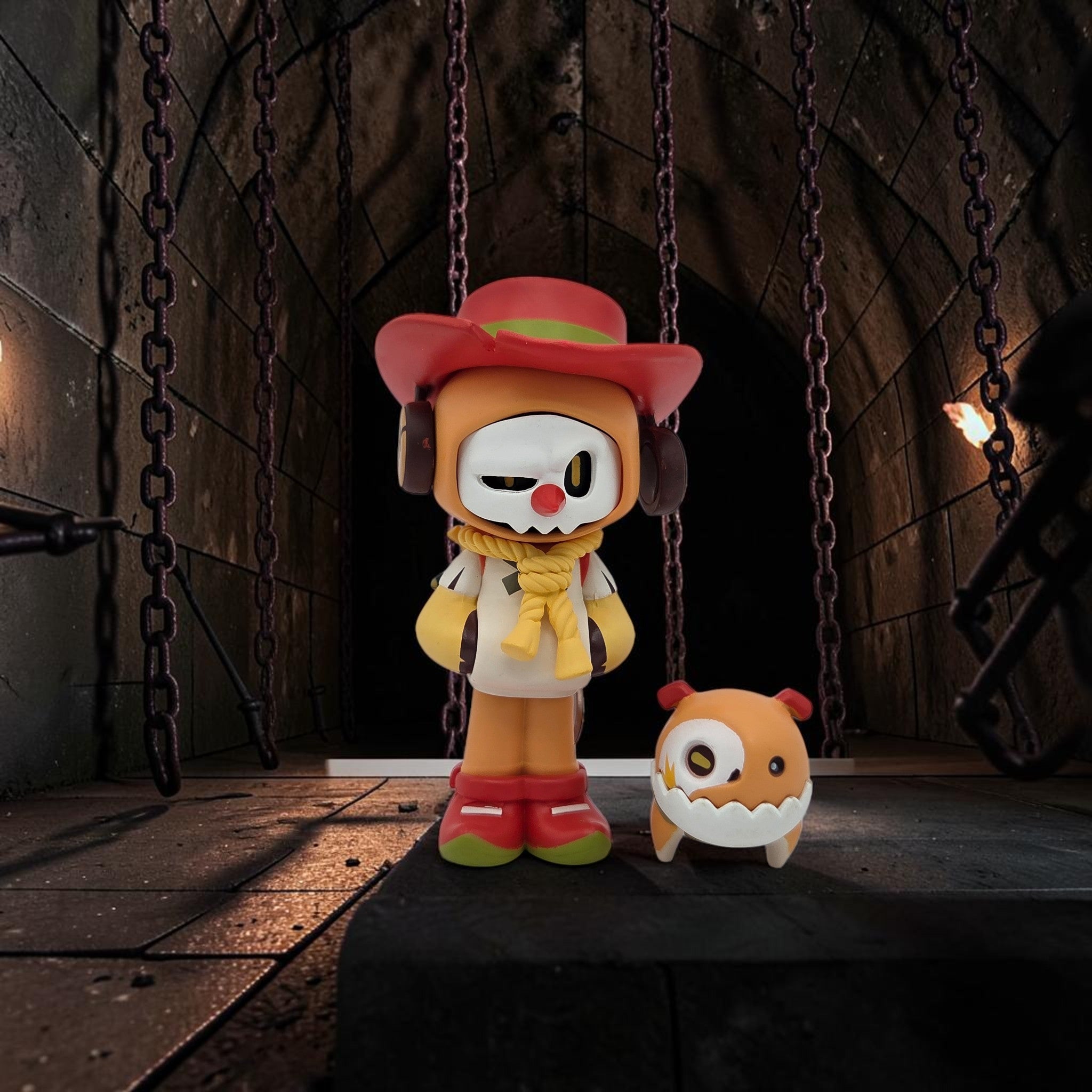 Momof2boyz Shop Mr. Bone collectible figure in a red hat and yellow scarf with a matching companion pet toy