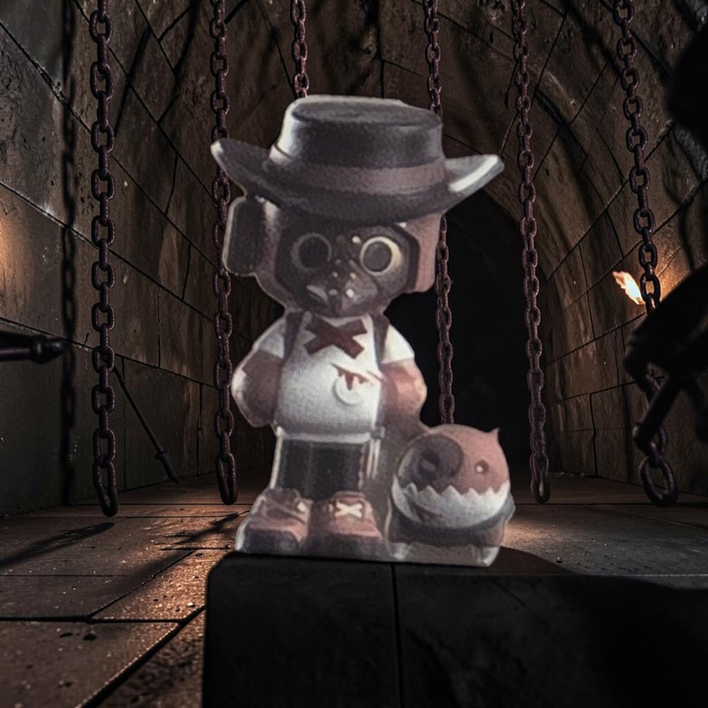 Momof2boyz Shop Mr. Bone collectible figure wearing a hat and apron with a small companion pet in a dark dungeon