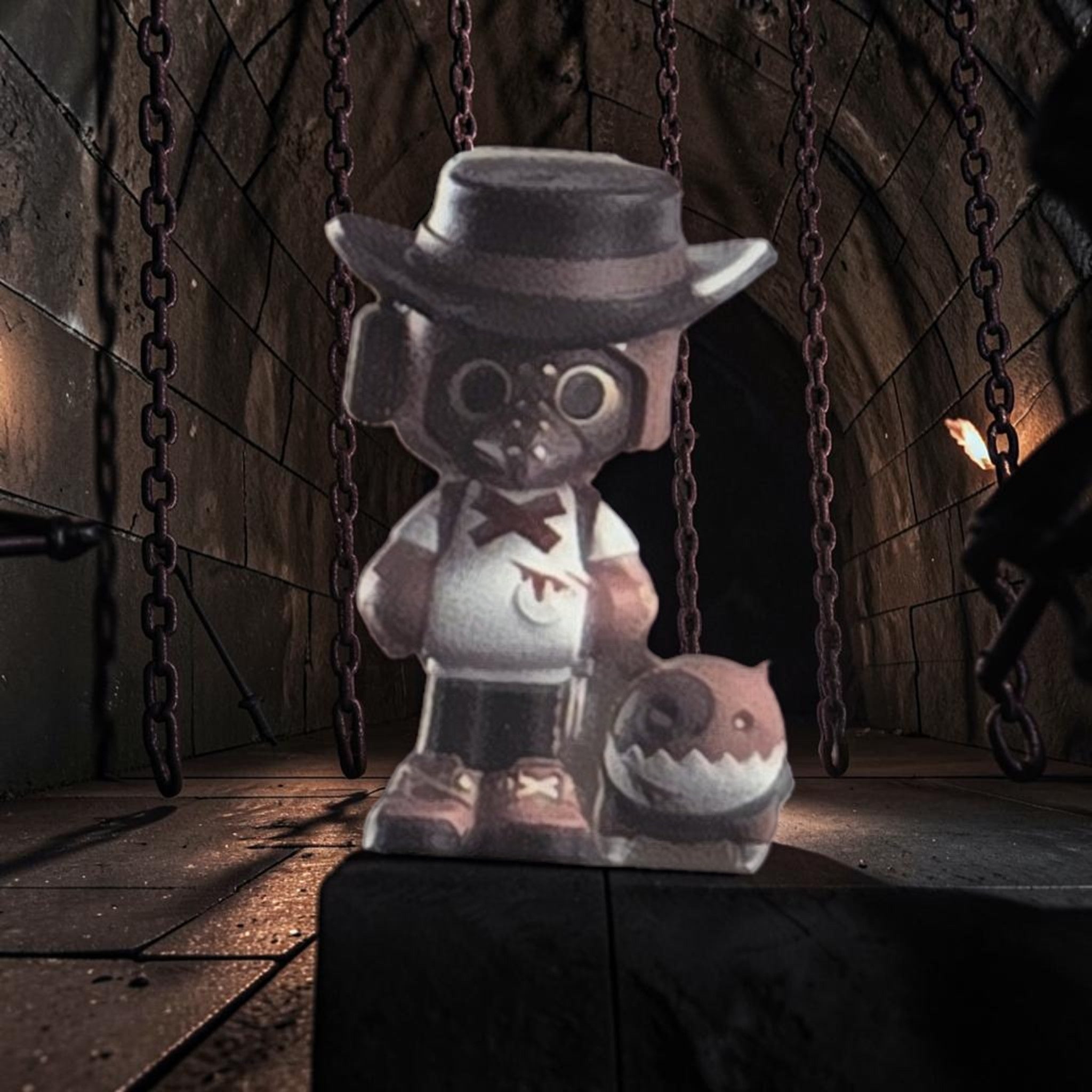 Momof2boyz Shop Mr. Bone collectible figure wearing a hat and apron with a small companion pet in a dark dungeon