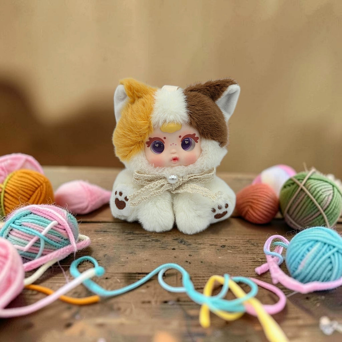 Momof2boyz Shop Naughty Kitty plush toy with calico fur, pearl accent, and yarn balls on a rustic wooden table.