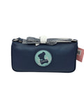 Momof2boyz Shop navy blue faux leather Cinderella crossbody handbag with circular character silhouette patch