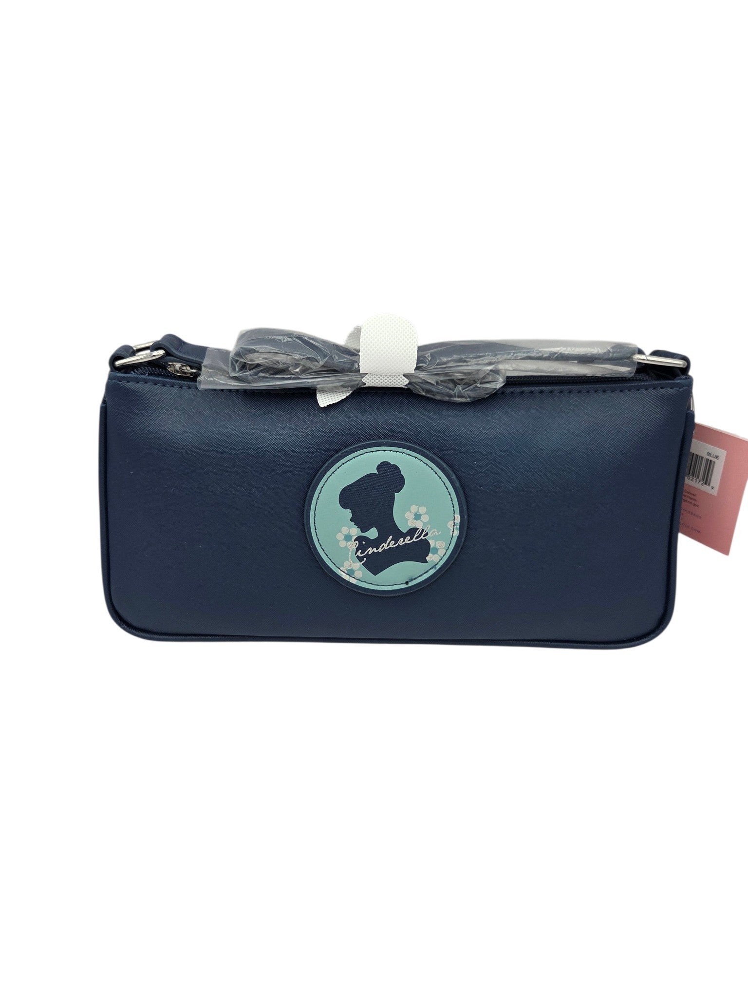 Momof2boyz Shop navy blue faux leather Cinderella crossbody handbag with circular character silhouette patch