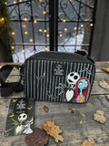 Momof2boyz Shop Nightmare Before Christmas crossbody bag with Jack and Sally graphic on black pinstripe synthetic leather