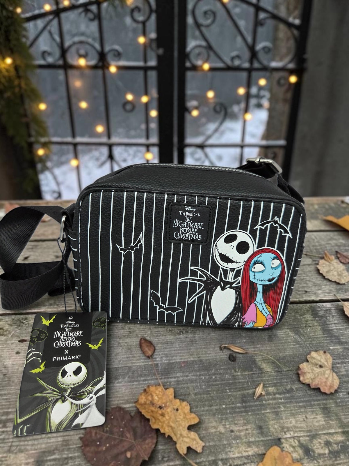 Momof2boyz Shop Nightmare Before Christmas crossbody bag with Jack and Sally graphic on black pinstripe synthetic leather