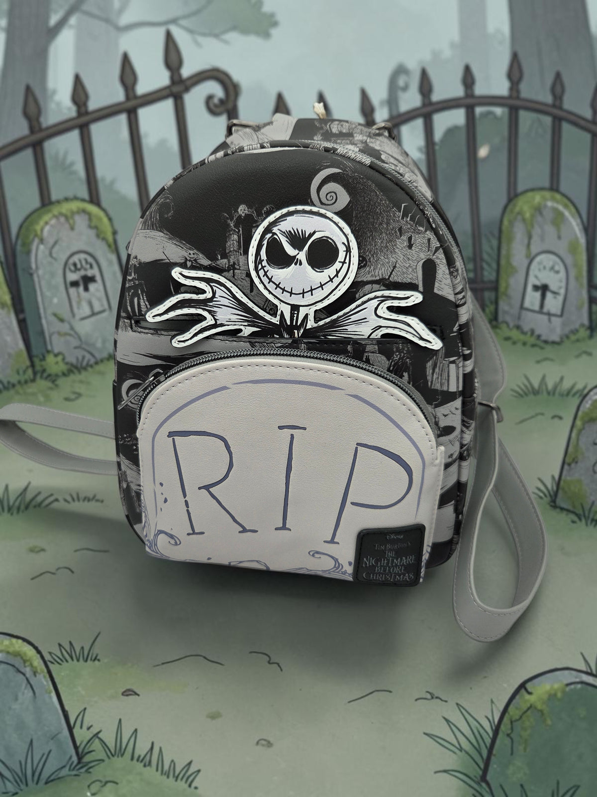 Momof2boyz Shop Nightmare Before Christmas mini backpack featuring Jack Skellington and a tombstone RIP front pocket.