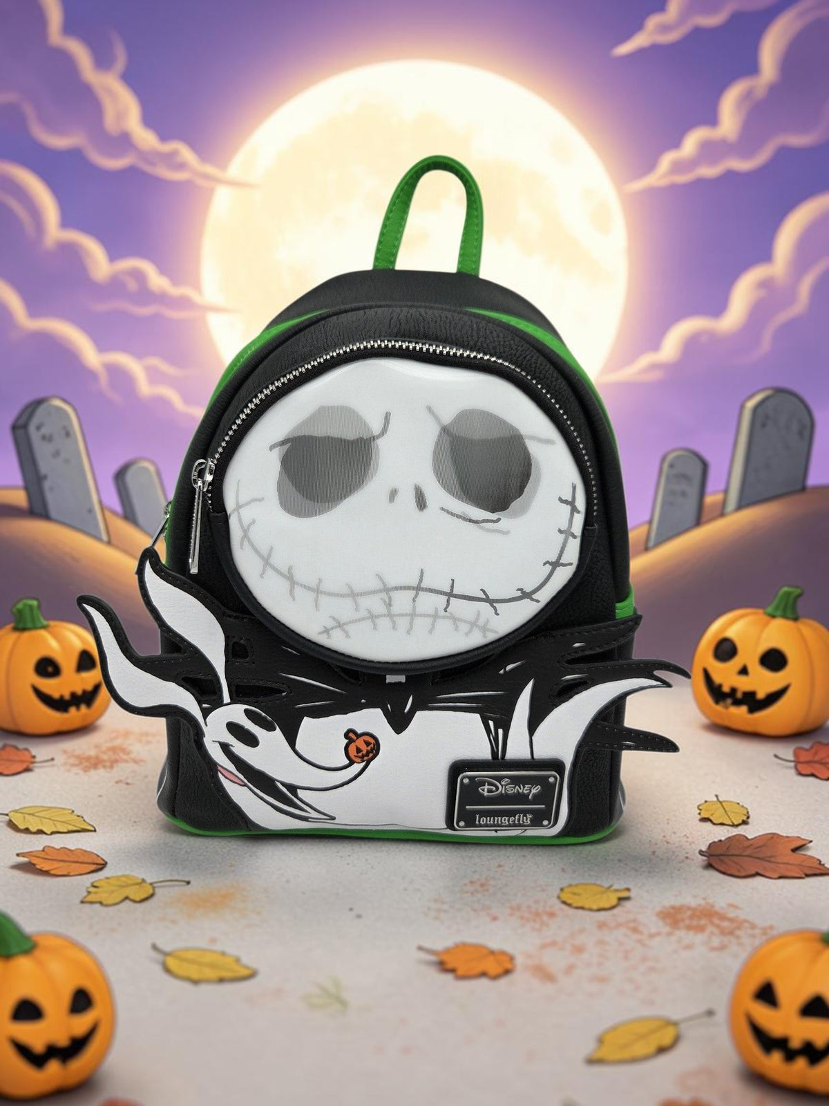 Momof2boyz Shop Disney Loungefly Nightmare Before Christmas mini backpack with Jack Skellington and Zero applique.
