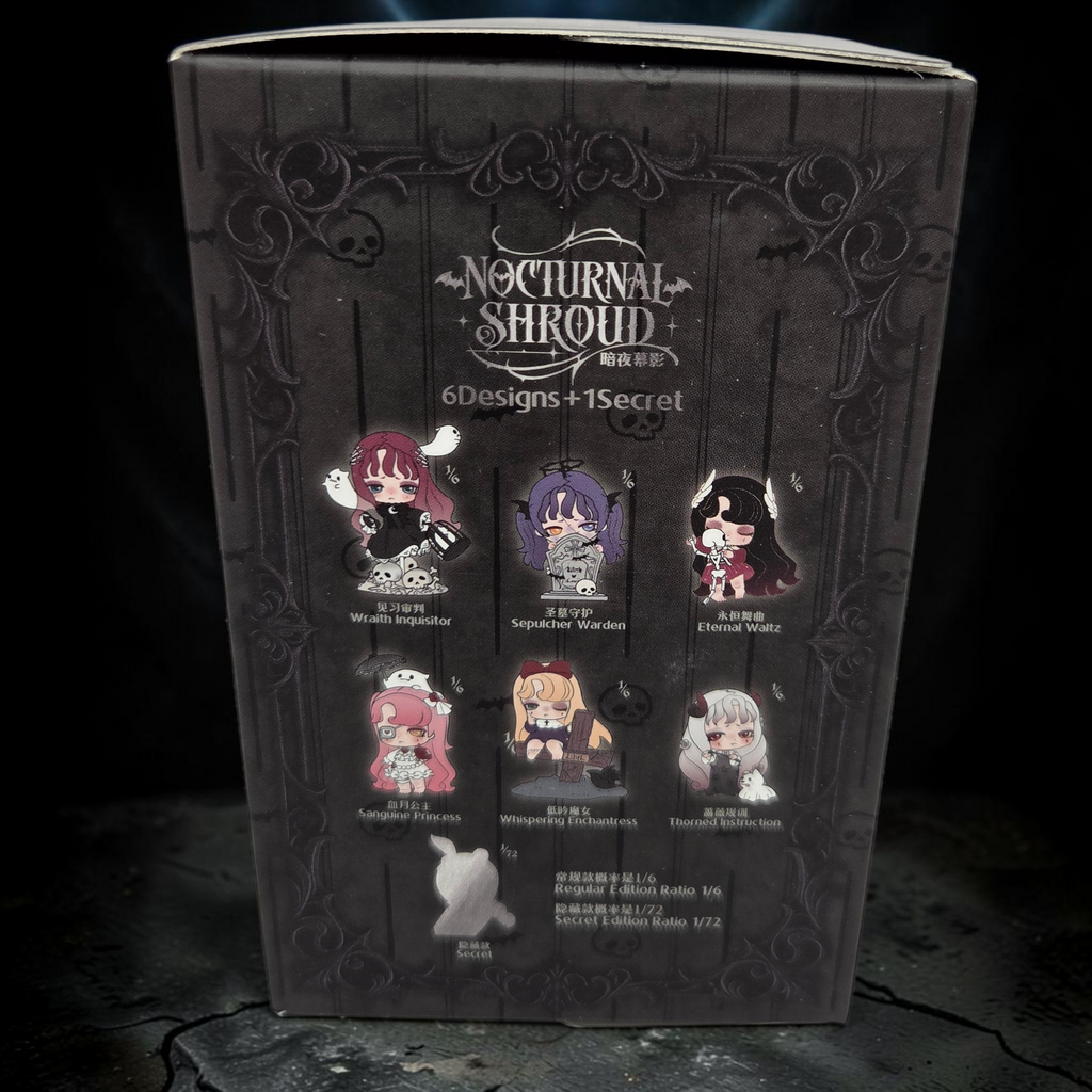 Momof2boyz Shop 52TOYS Nocturnal Shroud blind box collection packaging showing six gothic chibi figure designs