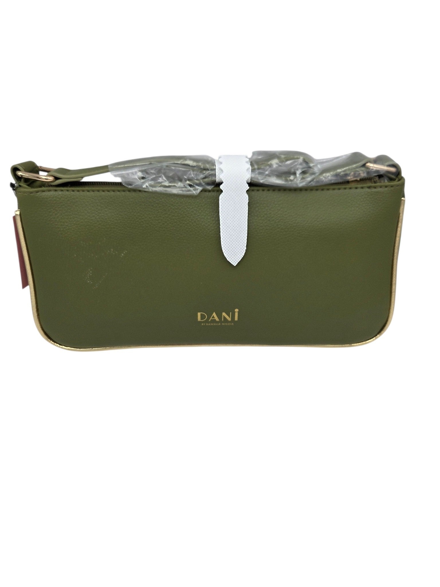 Momof2boyz Shop olive green faux leather rectangular shoulder bag with gold-tone piping and DANI logo branding