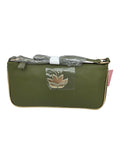 Momof2boyz Shop olive green faux leather rectangular shoulder bag with gold-tone piping and floral emblem