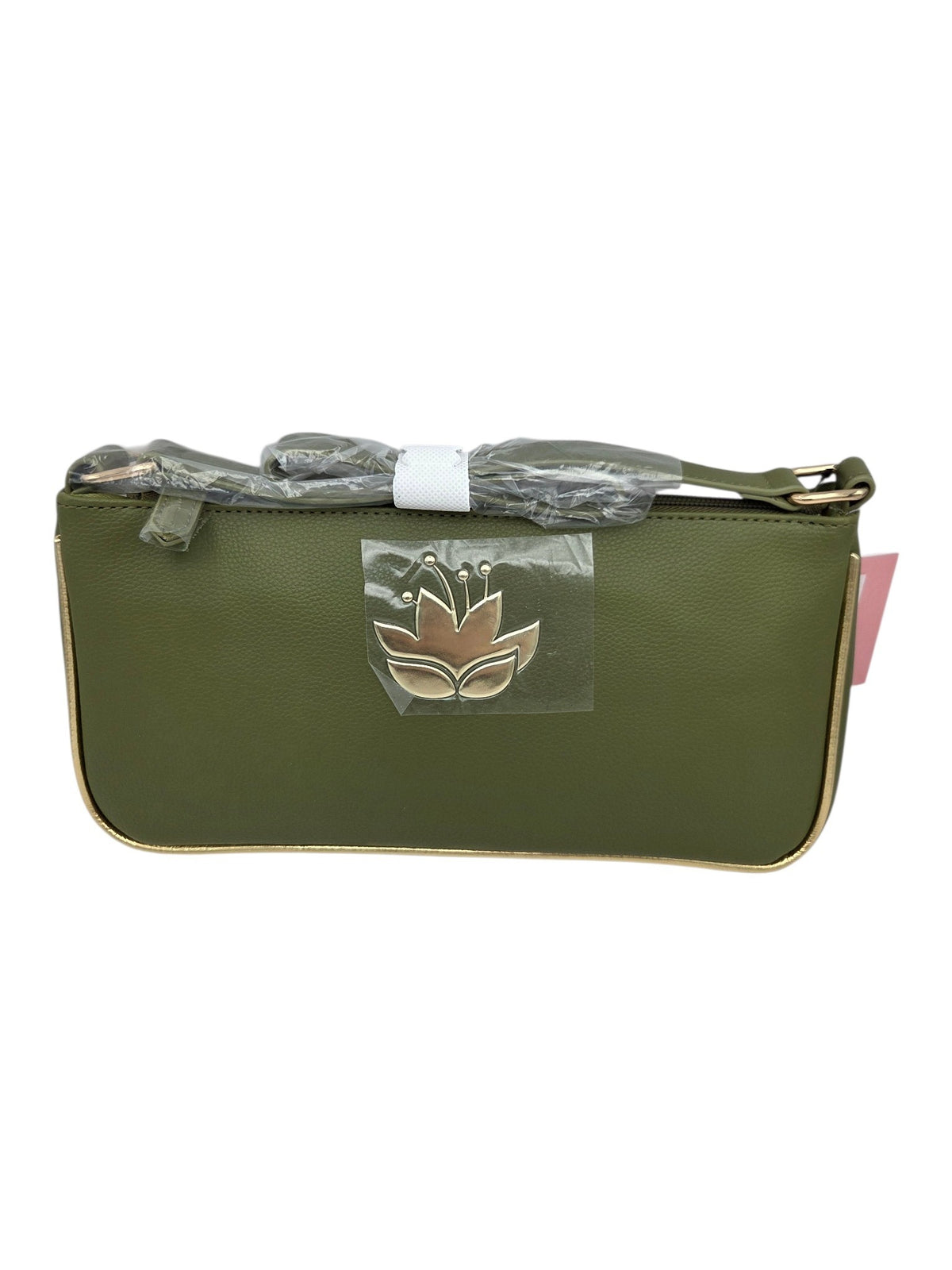 Momof2boyz Shop olive green faux leather rectangular shoulder bag with gold-tone piping and floral emblem