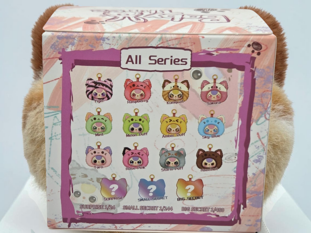 Momof2boyz Shop BB3 Peat Cat Wardrobe Head v2 blind box packaging showing the full series collection in Confirmed Kumquat