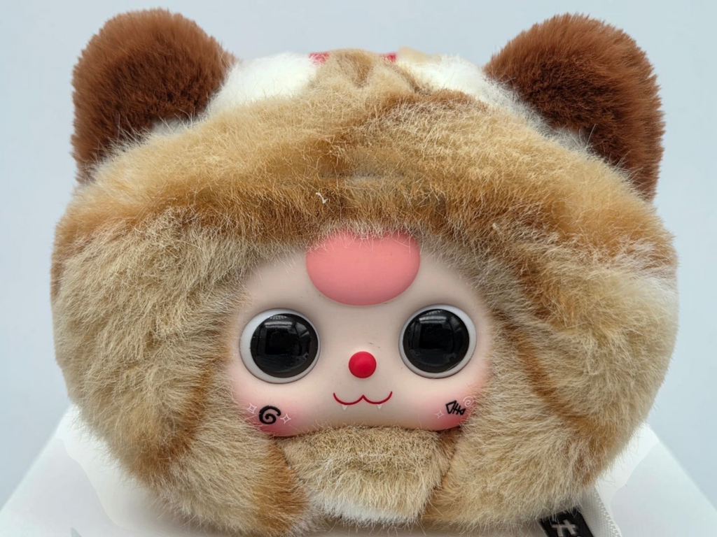 Momof2boyz Shop BB3 Peat Cat Wardrobe Head v2 in Confirmed Kumquat with plush brown fur and large black eyes.