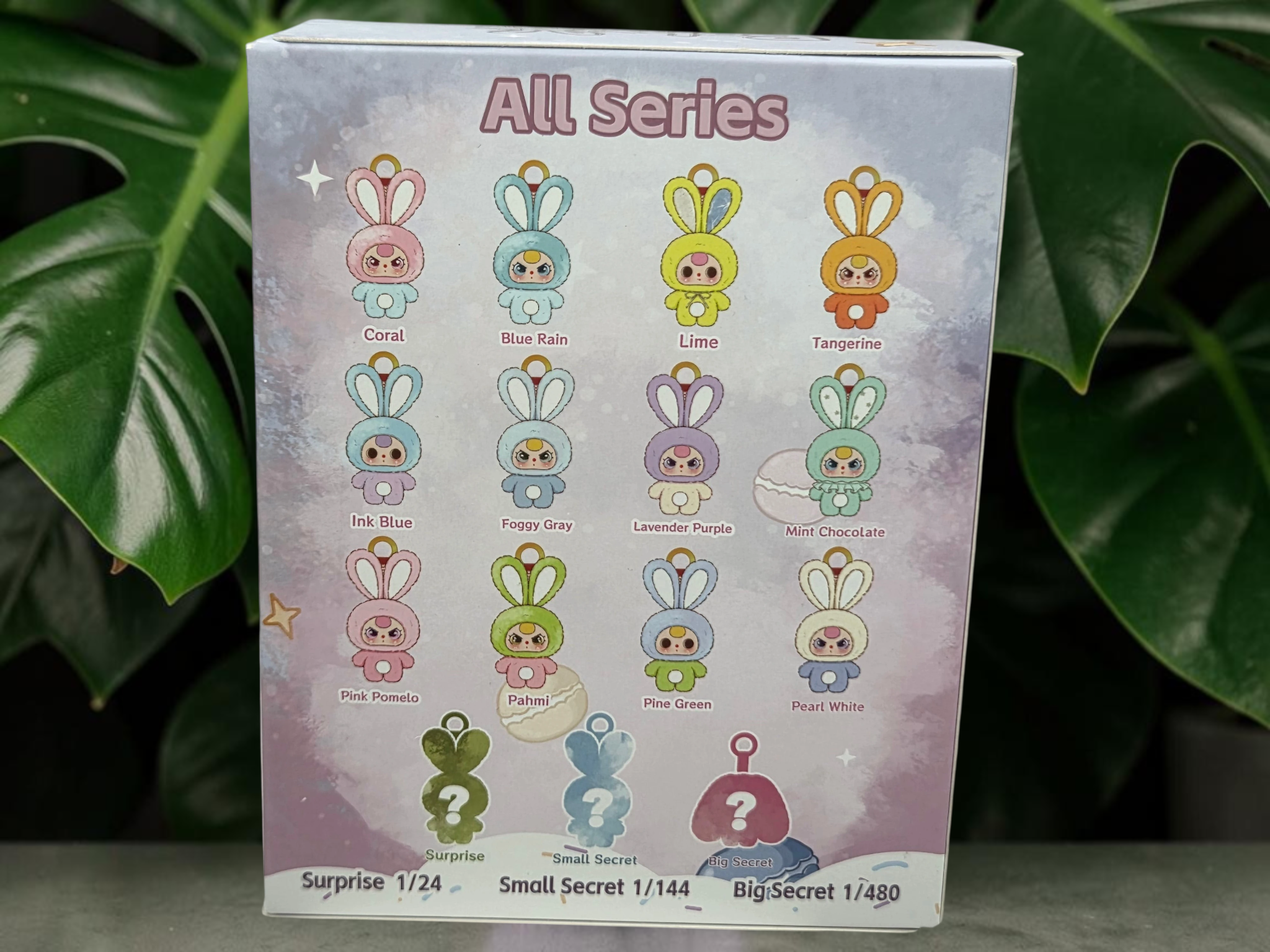 Momof2boyz Shop BB3 Petit Macaron Cute Bunny blind box collection chart showing various colorful rabbit figures