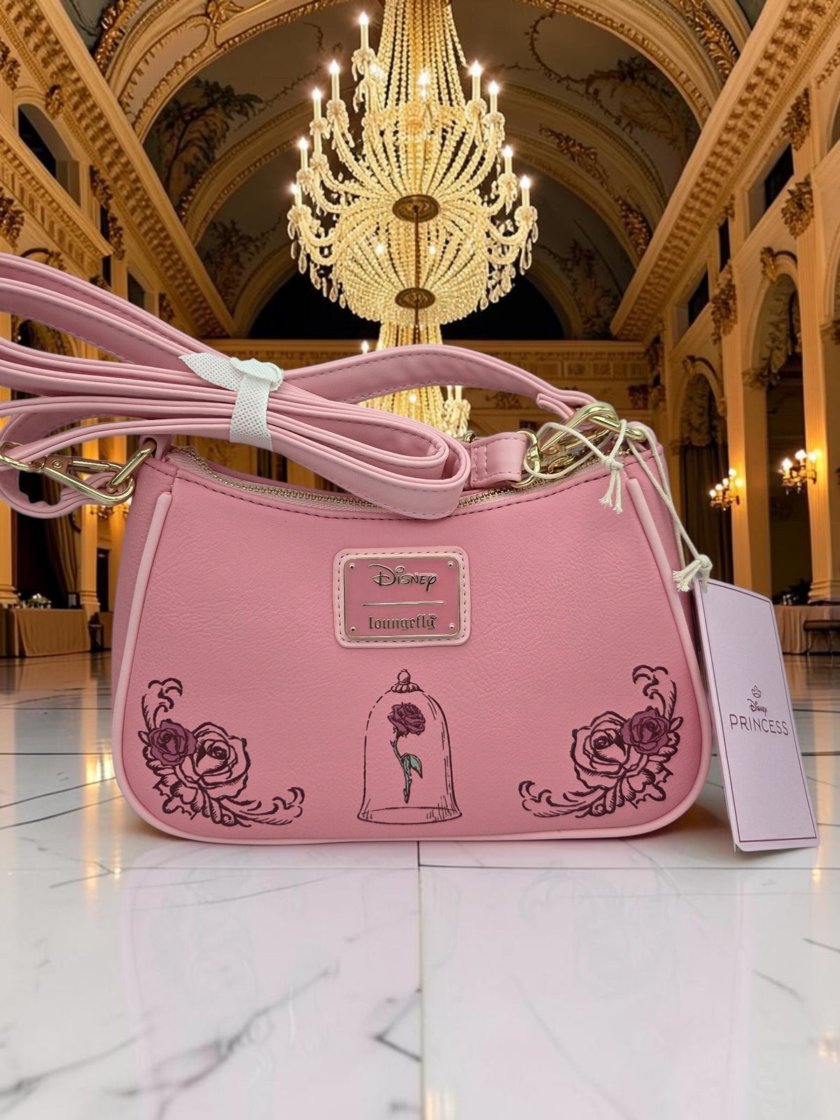 Momof2boyz Shop pink vegan leather Loungefly Disney Beauty and the Beast crossbody bag with enchanted rose graphic