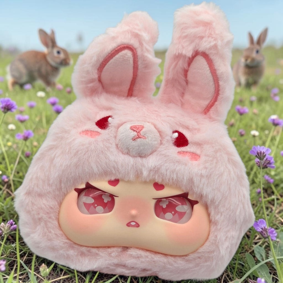 Momof2boyz Shop Idol Plush first gen rabbit character with soft pink fur and large expressive eyes in a field.