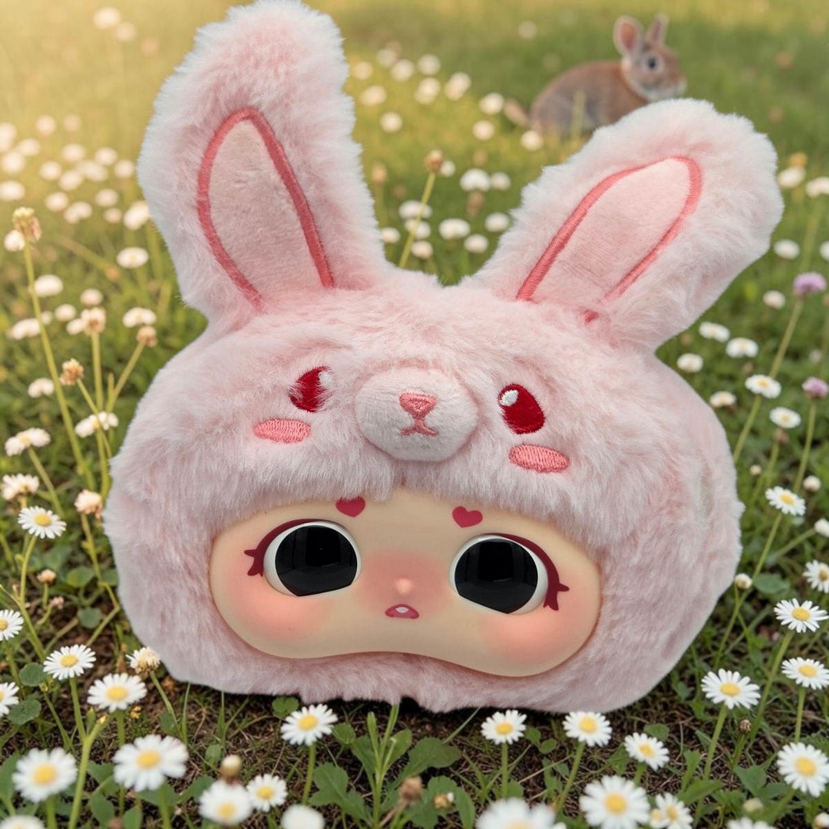 Momof2boyz Shop Idol Plush rabbit character with soft pink fur and large expressive eyes in a daisy field.