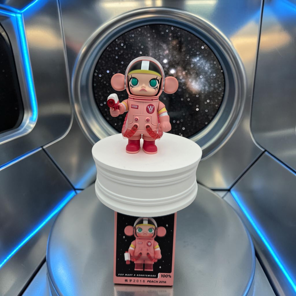 Momof2boyz Shop POP MART Space Molly collectible art toy in a pink astronaut suit standing on a display pedestal.