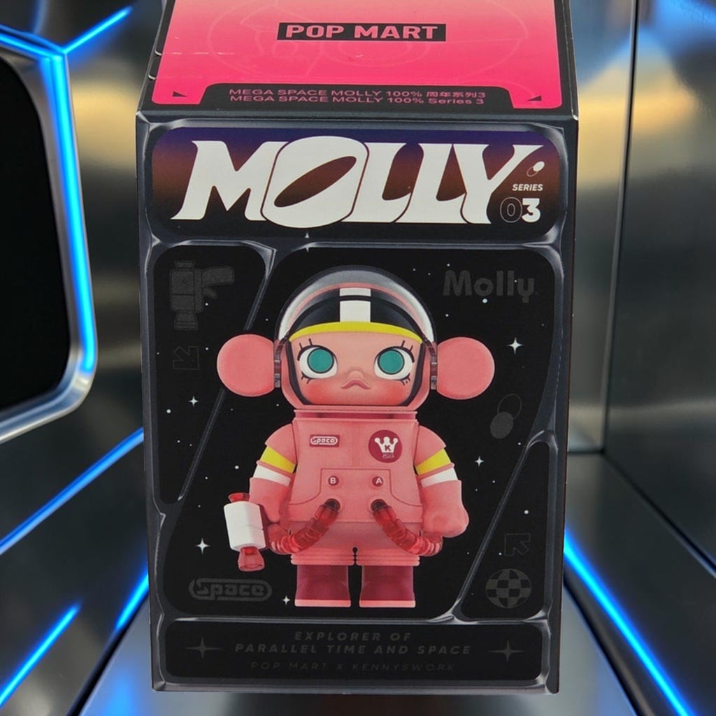 Momof2boyz Shop POP MART Space Molly Series 03 collectible art toy in a pink astronaut suit on display packaging