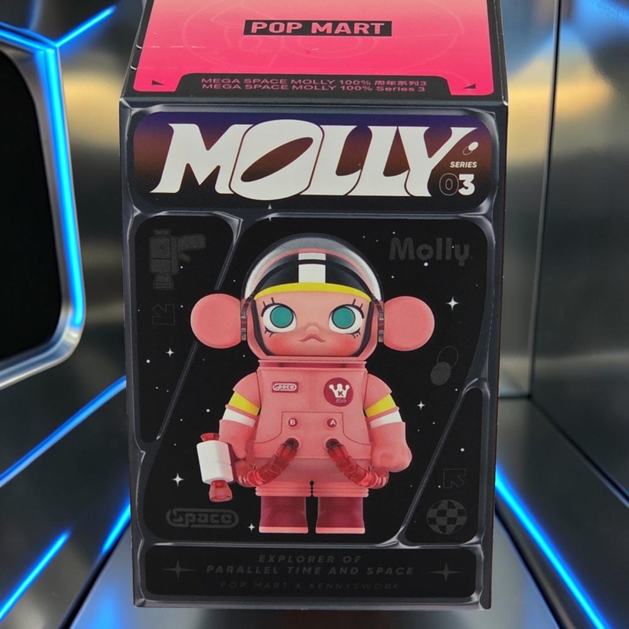 Momof2boyz Shop POP MART Space Molly Series 03 collectible art toy in a pink astronaut suit on display packaging