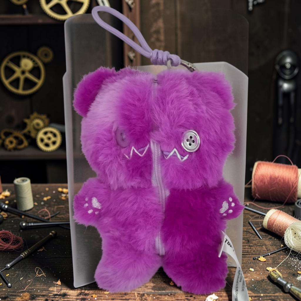 Momof2boyz Shop purple two-toned plush bear zippered pouch with button eyes and a hanging loop
