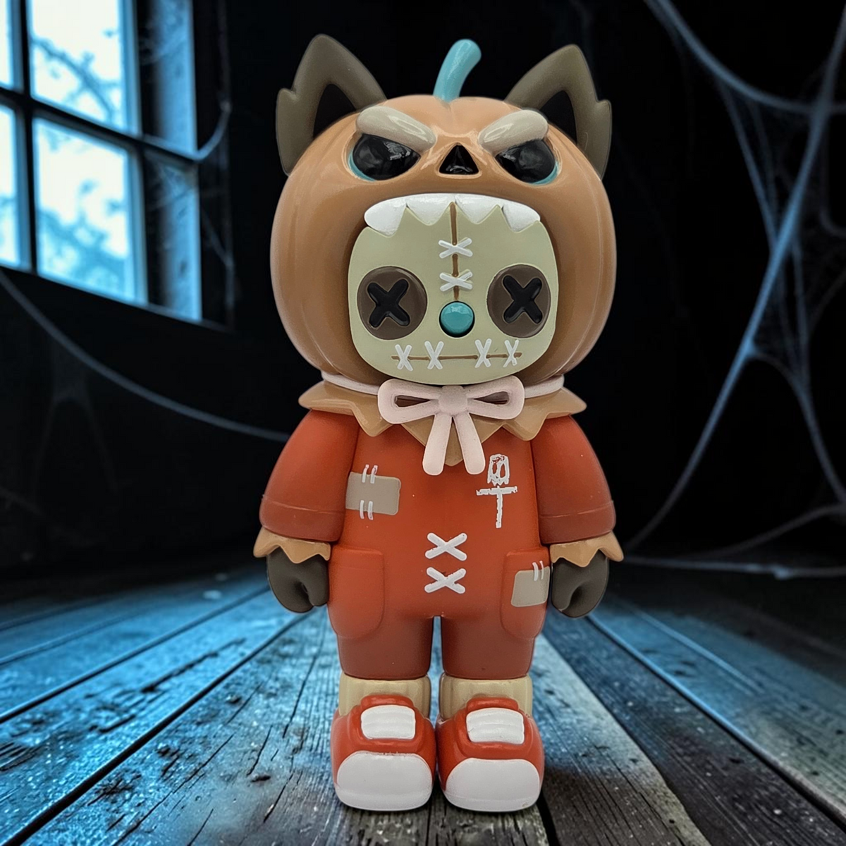 Momof2boyz Shop Rebel Bear Monster Series vinyl art toy featuring a stitched-up werewolf character in an orange suit.