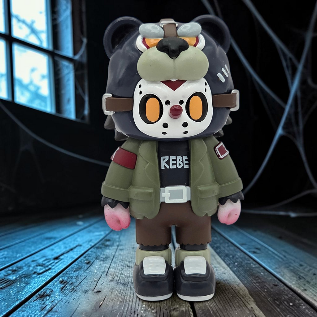 Momof2boyz Shop Rebel Bear monster vinyl figure wearing a hockey mask and olive green jacket on a white background